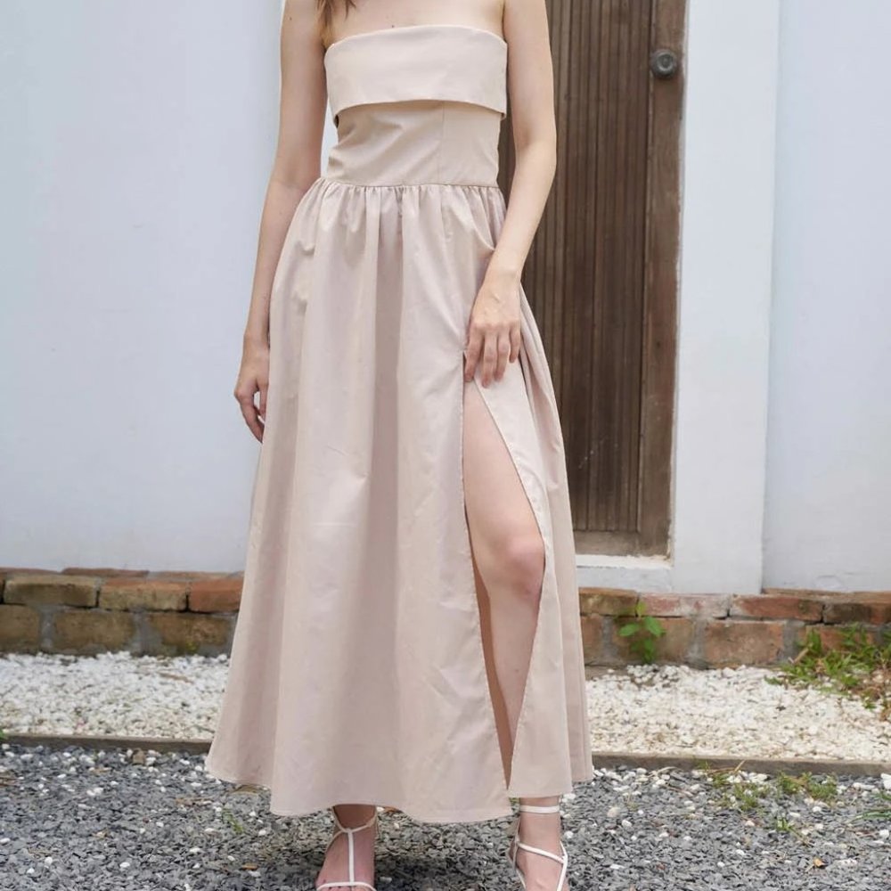 Strapless High Slit Formal Dress Beige - D0506